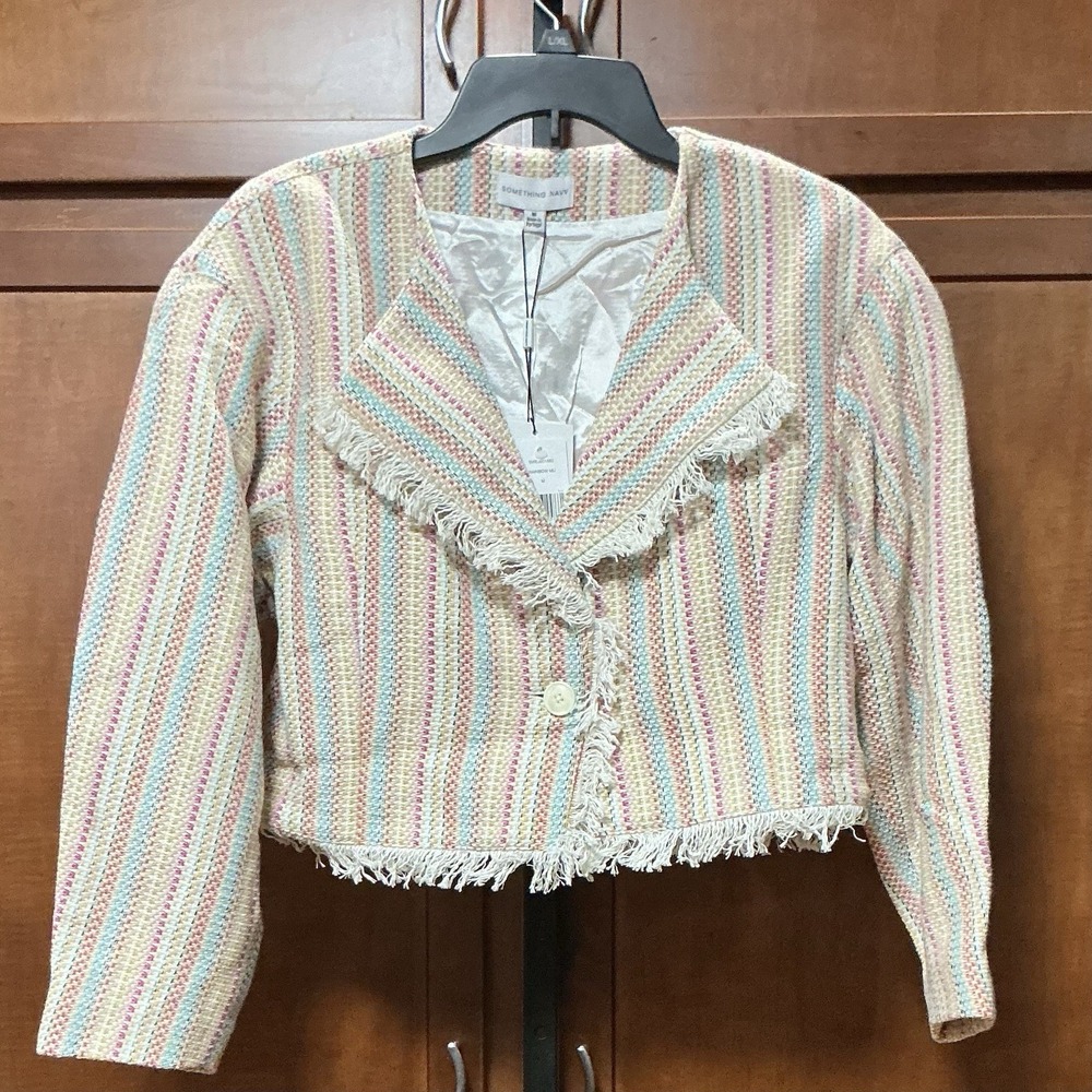 Something Navy Cropped Tweed Blazer M Rainbow Multi Frayed Hem NWT $250